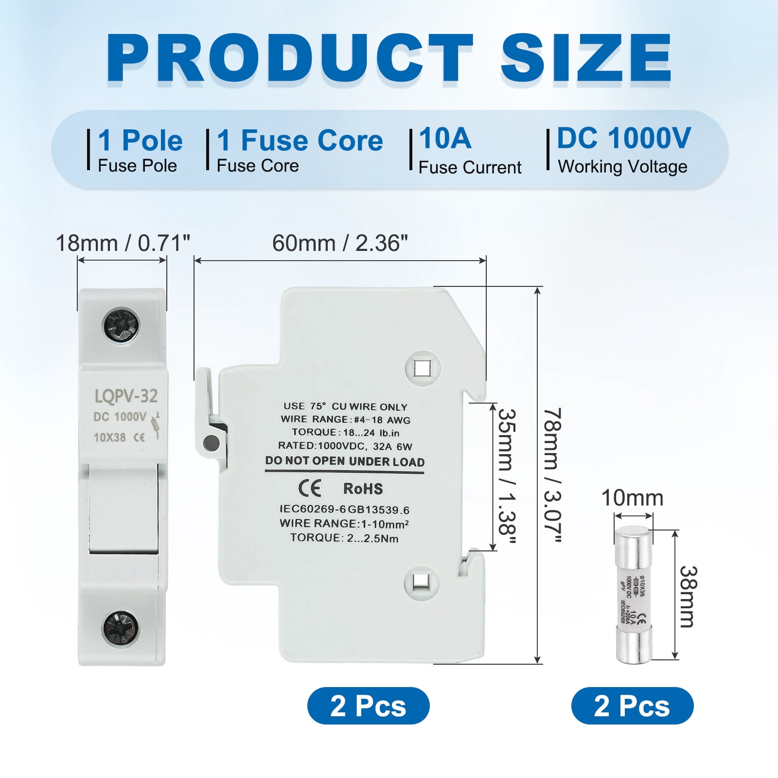 Din Rail Fuse Holder with 1 Core Block,10x38mm DC 1000V 10A Single Pole Solar/ Photovoltaic Fuse Holder 4-18AWG for Solar PV Systems Battery Protect,Pack of 2
