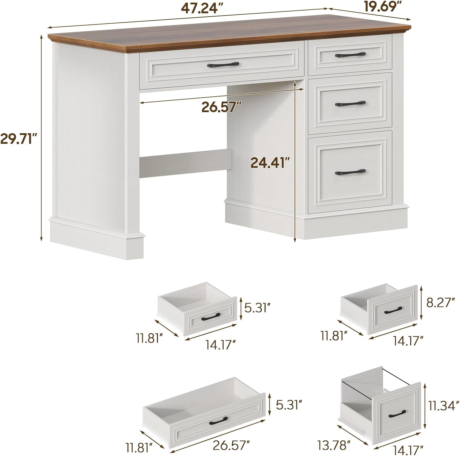 Farmhouse 47" Executive Desk with File Drawer, Computer Desk with 4 Drawers, Workstation for Study, Home Office, Writing, Unique White.