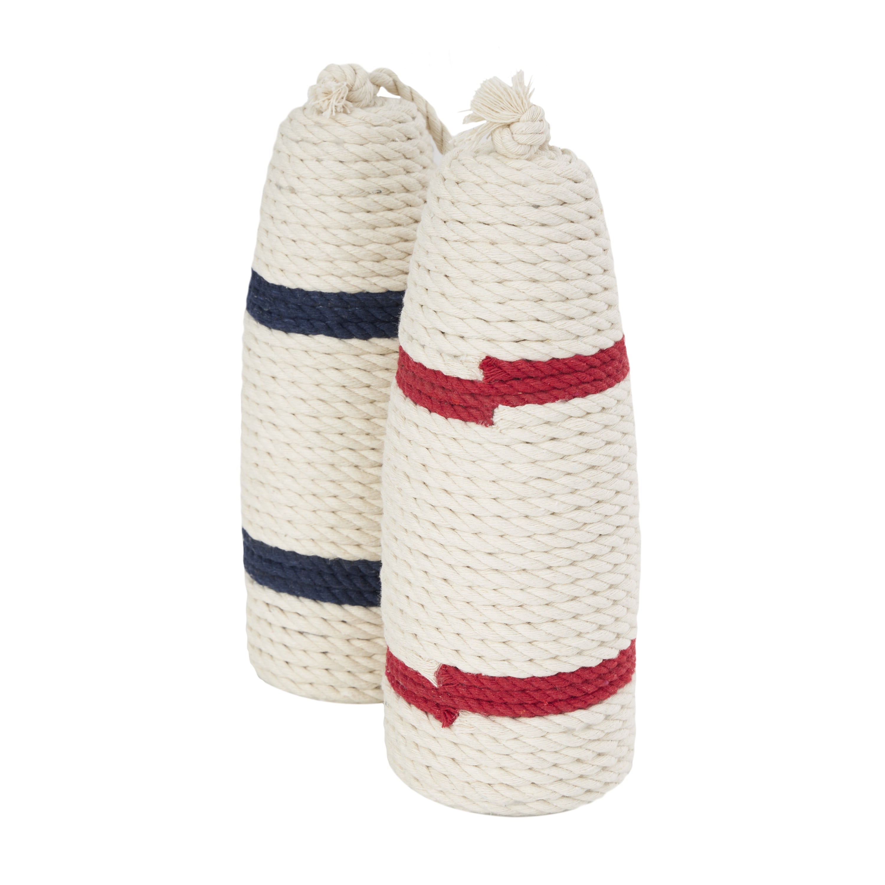 7"W, 10"H White Wood Handmade Coiled Striped Rope Buoy Sculpture with Joined Hanging Handle, by DecMode (2 Count)