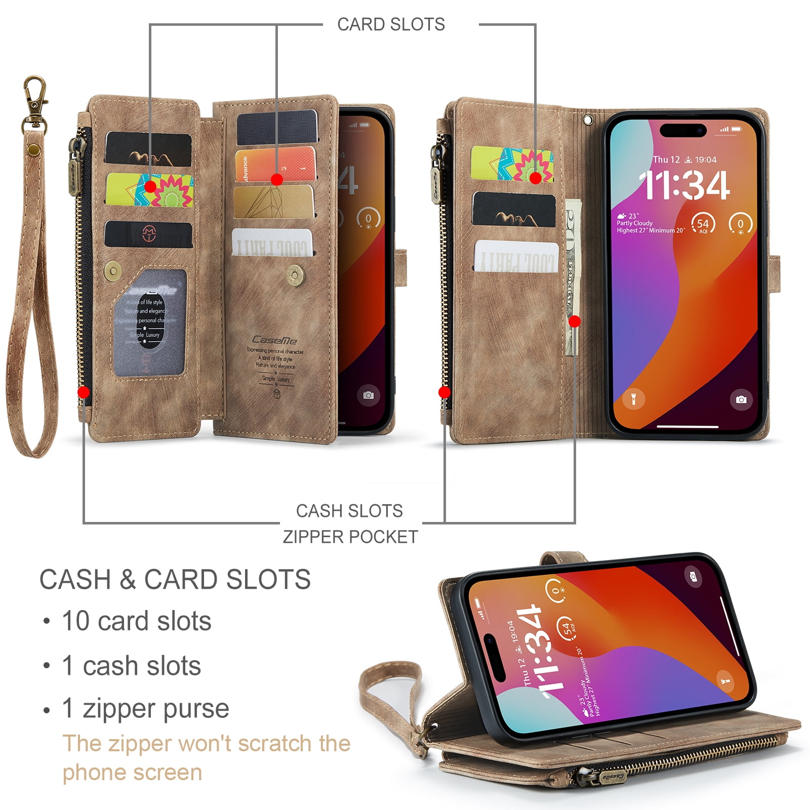 Dteck for iPhone 15 Pro Case with Card Holder, Premium iPhone 15 Pro Wallet Case for Women Men, Heavy Duty Durable PU Leather With Flip Zipper Pocket Phone Case w/ Wrist Strap Lanyard,Brown