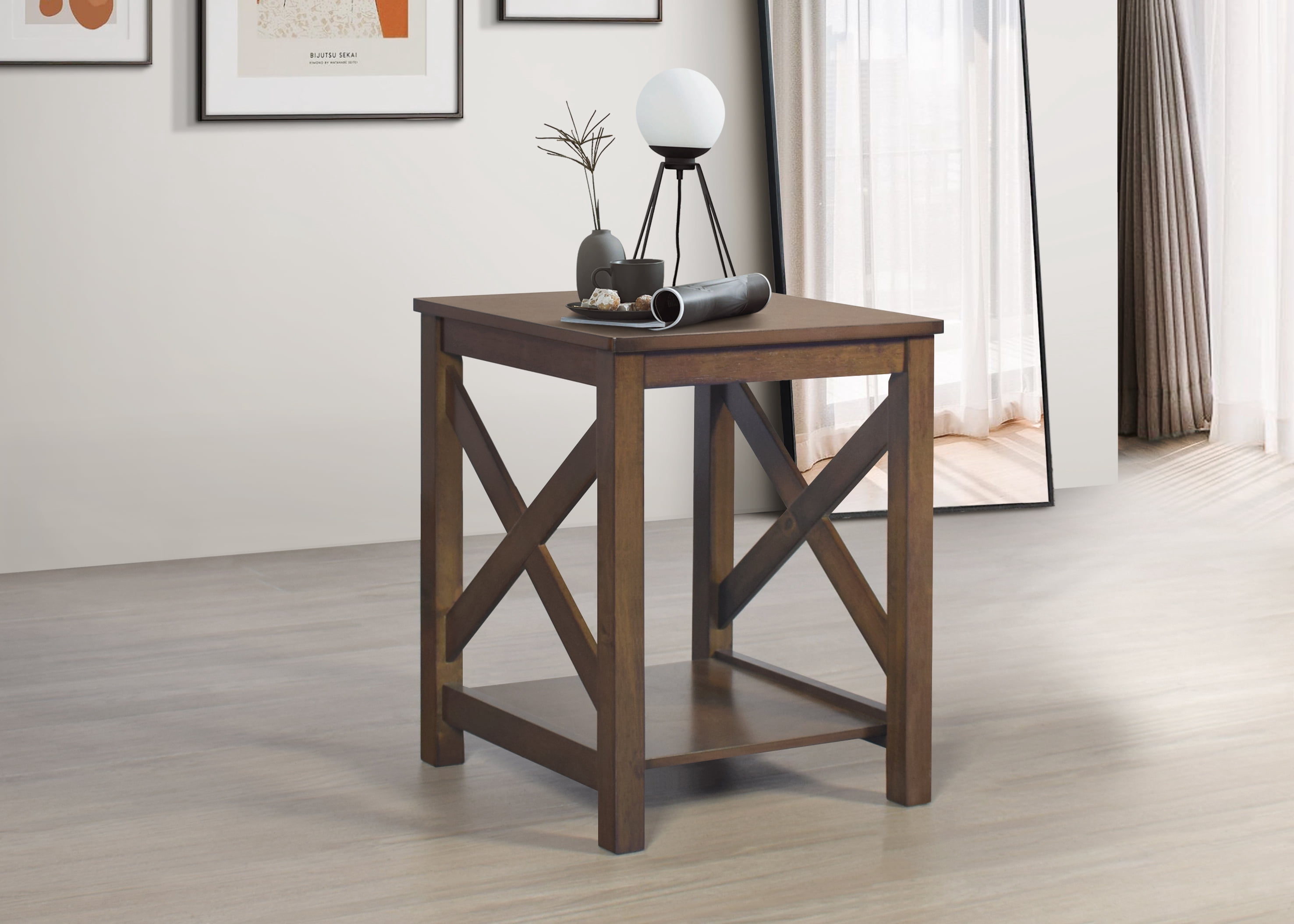 Home Design Novato 3-Piece Coffee Table Set with Rectangular Coffee Table and 2 Matching End Tables, X-Shaped Side Design with Open Shelf for Modern Living Room, Brown