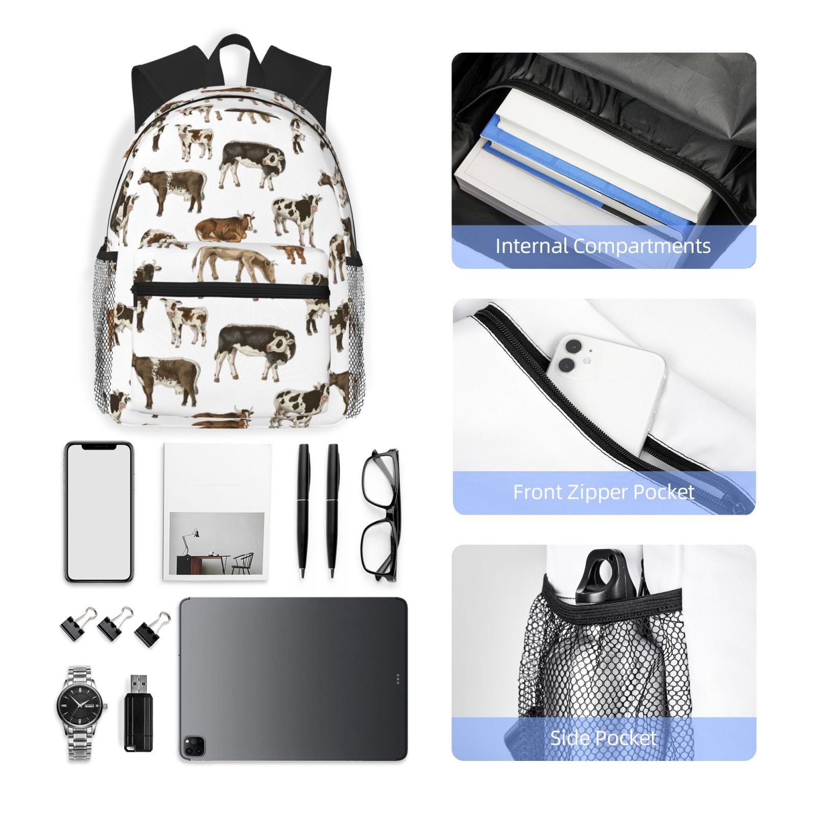 Vsdgher Cow Print Unisex Large Capacity Bookbag Schoolbag Casual Daypack for High School/College/Teens/Travel/Work