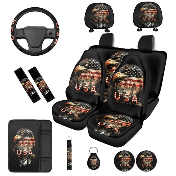 KUIFORTI Eagle Flag 14 Pcs Seat Covers for Car Auto Center Console Armrest Pad Steering Wheel Cover Wristlet Keychain Cars Interior Automotive Fits Most Cars, Sedans, SUVs