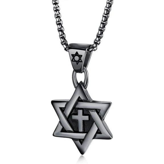 Men Star Of David Necklace Stainless Steel Six Pointed Megan Star Cross Pendant - Black/Silver/Gold Tone