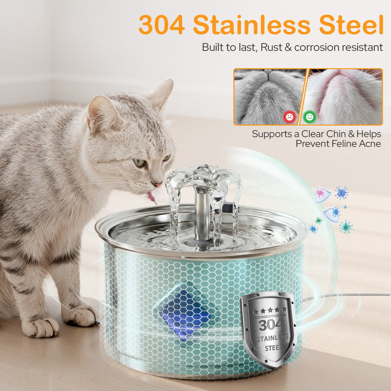 Euqvunn Cat Water Fountain Stainless Steel, 2.8 L Cat Fountain for Drinking, Pet Water Fountain for Cats Inside, Automatic Pet Fountain Quiet Cats Water Dispenser with Flower Kitty Spout