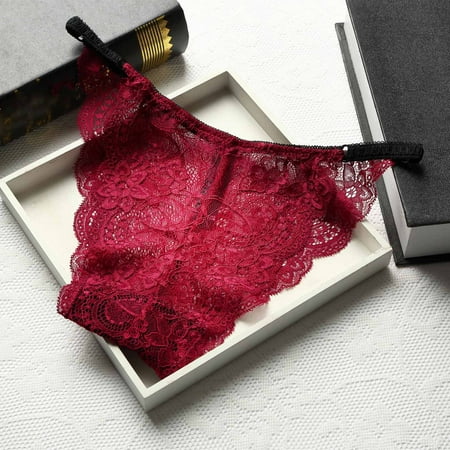 

Uorcsa Soft Stretch Perspective Lace Thong Ladies Women Underwear Hollow Out Underpants Wine