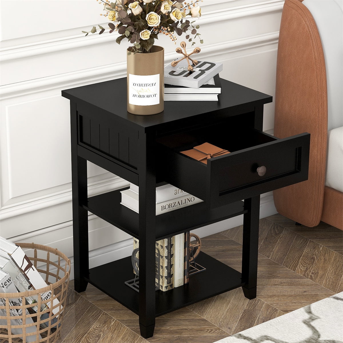 3-Tier End Table with Drawer and Two Tier Shelves,Wooden Nightstand ...