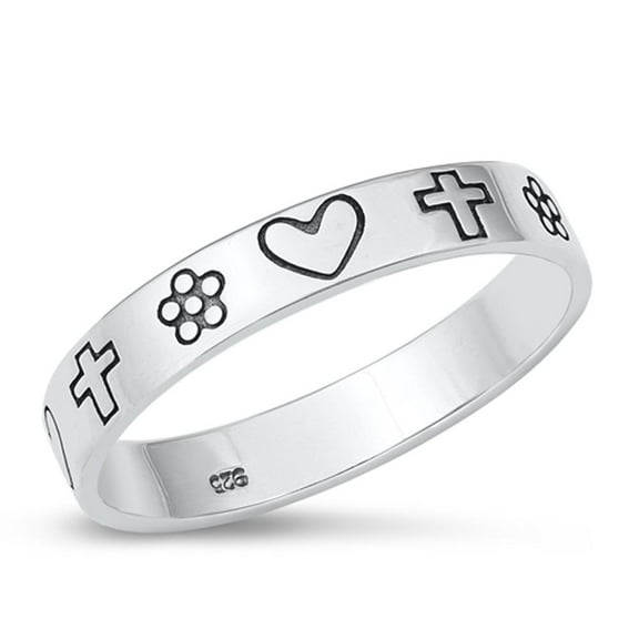 Heart Cross Flower Promise Ring 925 Oxidized Sterling Silver Band Jewelry Female Male Unisex Size 9