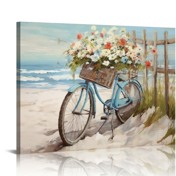 COMIO Beach Canvas Wall Art for Bathroom Ocean Pictures Seaside Bicycle Canvas Print Seascape Painting Framed Teal Aqua Blue Calming Shoreside Artwork for Modern Coastal Themed Lake Home Bedroom