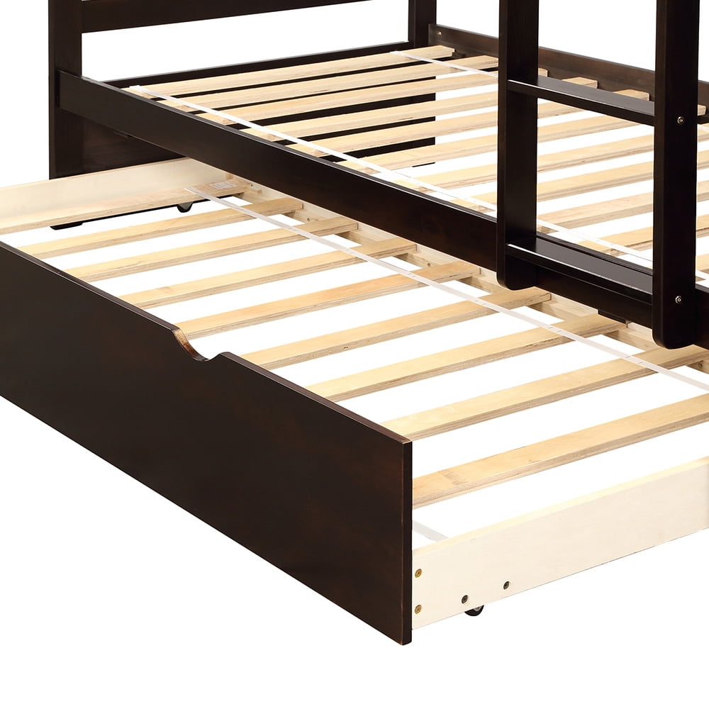 Private Jungle Solid Wood Twin Bed, Over Twin Bunk Bed with Trundle, Espresso
