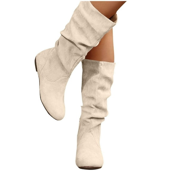 Kilaqueen Slouchy Boots for Women Suede Mid Calf Pointed Toe Fall Low Heel Pull On Fashion Western Tall Knee High Boots Soft Comfortable Winter Outdoor Footwear with Side Zipper