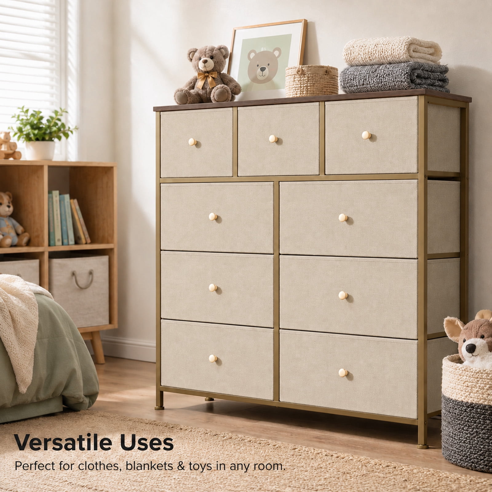 Alvantor 8/9 Drawer Fabric Dresser, Storage Tower for Bedroom and Closet, Chest of Drawers with Sturdy Steel Frame & Wooden Top for Living Room, Entryway