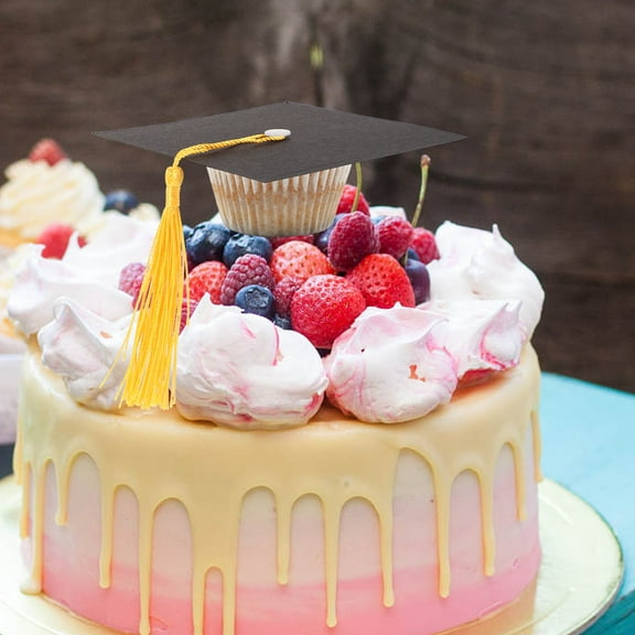 Worgeous Graduation Party Supplies Creative Black Doctoral Hat Cupcake Toppers with Tassel for Decoration