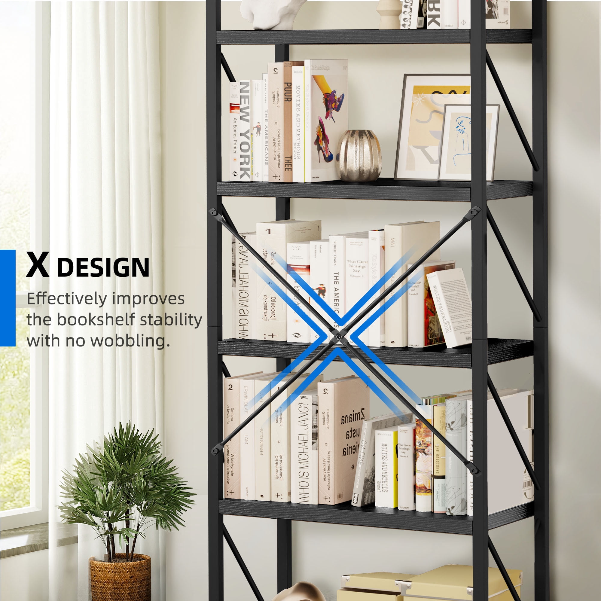 Dextrus 5-Tier Bookshelf, Ladder Bookcase, Industrial Freestanding Book Shelf Modern Open Display Storage Organizer Book Shelves for Bedroom, Living Room and Home Office, Black
