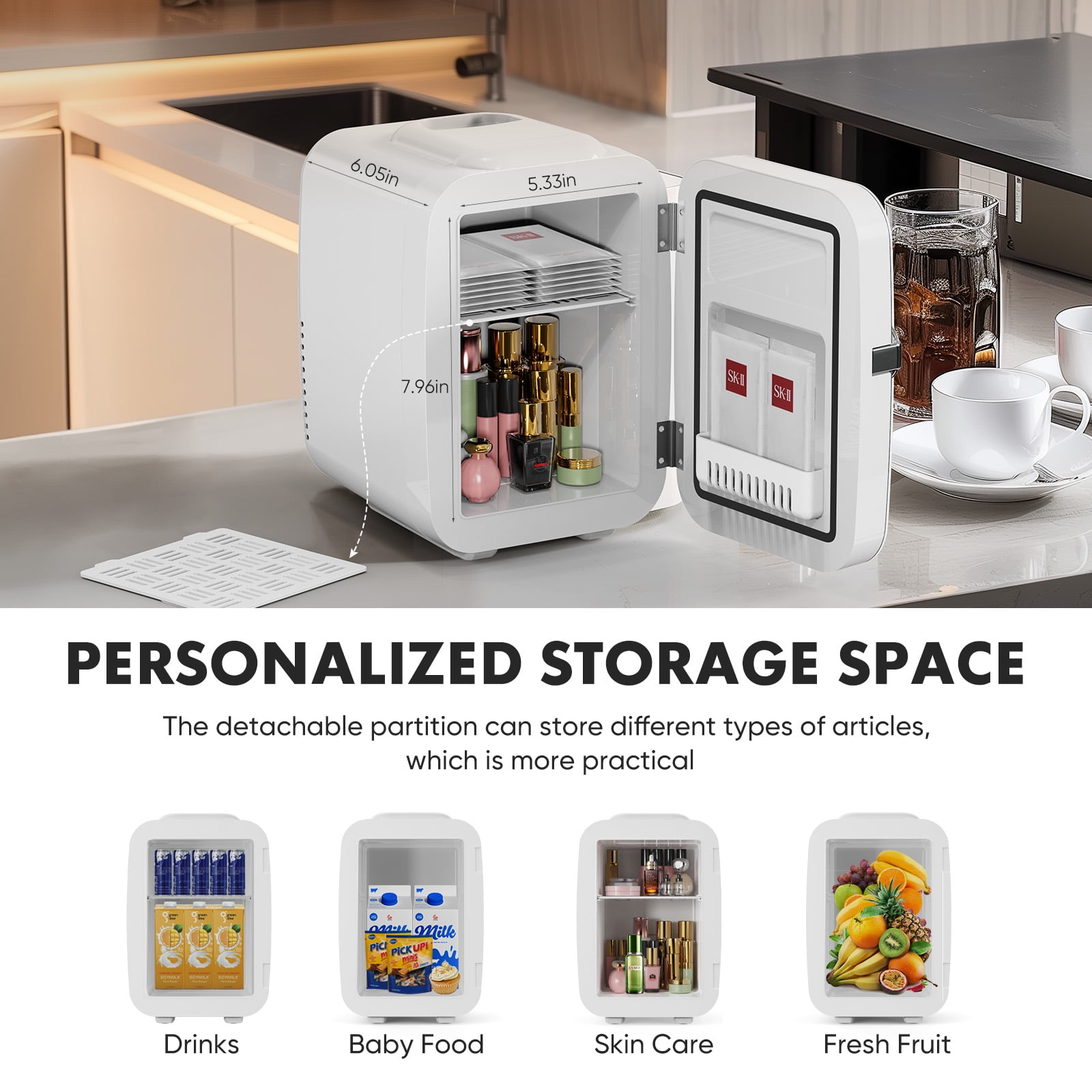 EDX Mini Fridge, Portable RV Refrigerator, 4 Liter/6 Can Compact Personal Cooler for Home, Car, Outdoor,, White