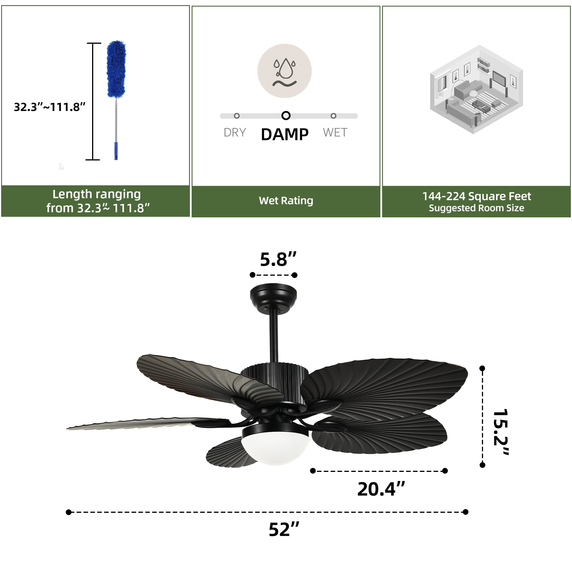 Uforic 52" Tropical Ceiling Fans with LED Light and Remote,Alexa,3 Ways Control,5 Palm Leaf blades Black Ceiling Fan