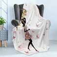 thumbnail image 4 of Feminine Soft Flannel Fleece Blanket, Girl with Floral Umbrella and Dress Walking with Butterflies Inspirational Art, Cozy Plush for Indoor and Outdoor Use, 60" x 80", Black and Pink, by Ambesonne, 4 of 5