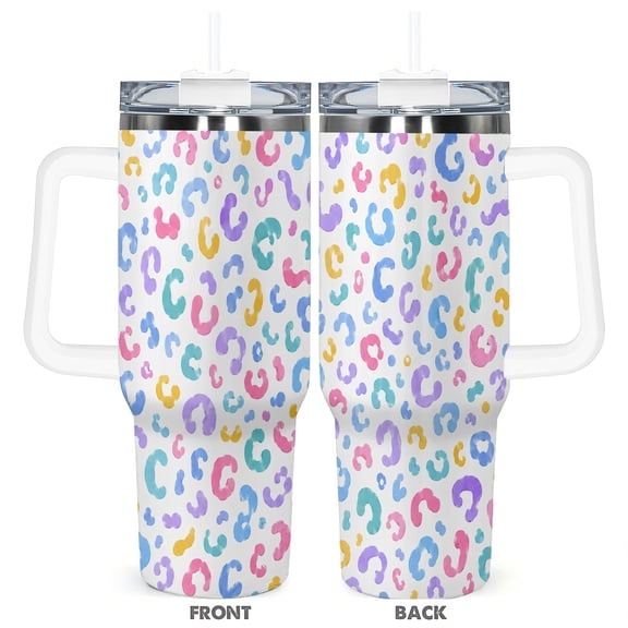 Colorful Leopard Print 40oz Travel Tumbler With Handle And Straw, Stainless Steel Vacuum Insulated