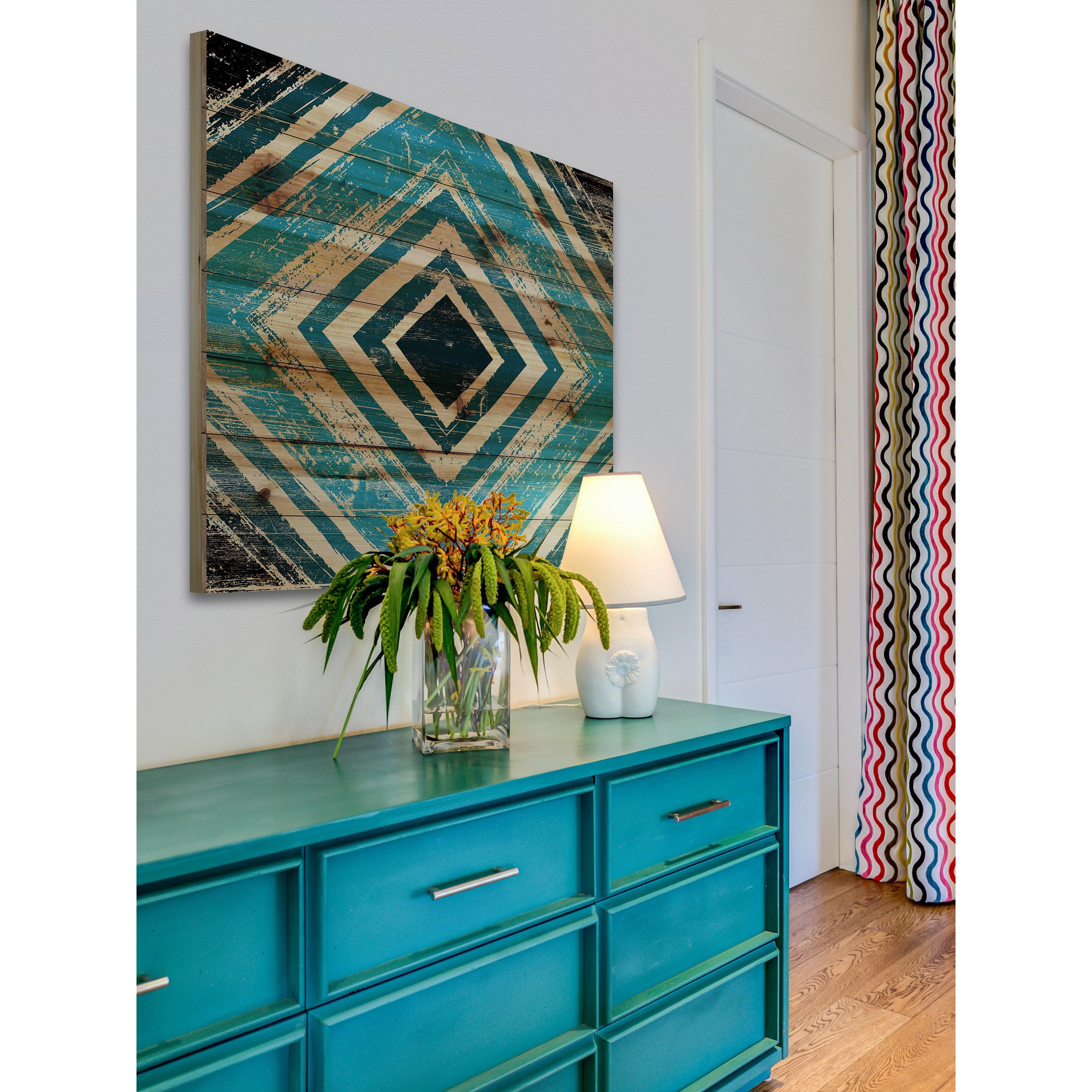 "Blue Square Rings" Painting Print on Natural Pine Wood