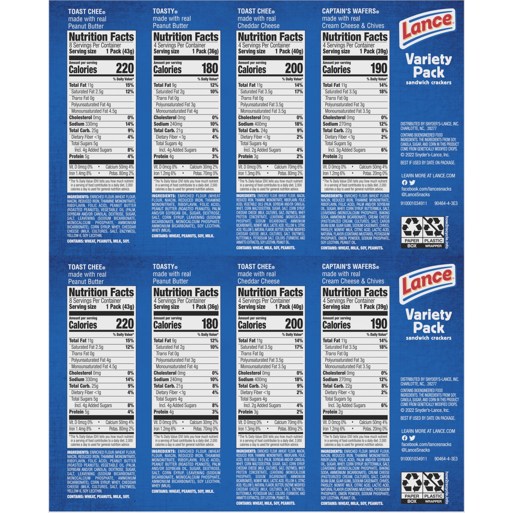 Lance Sandwich Crackers, Variety Pack, 4 Flavors, 40 Individually Wrapped Packs, 6 Sandwiches Each