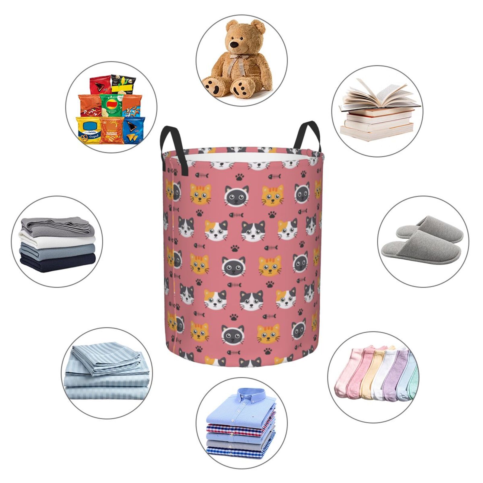 Large Laundry Basket with Handles - Cute Cartoon Cat Fishbone Kids Baby Dirty Clothes Laundry Hamper for Bedroom Aesthetic