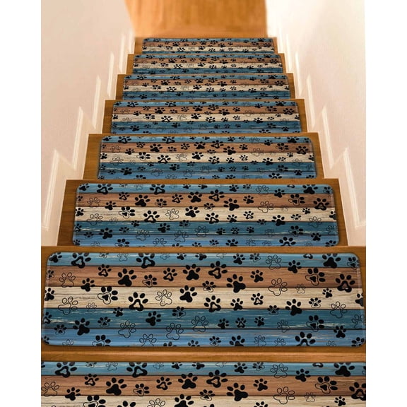 Navy Blue Paws Stair Treads Non Slip Indoor for Wooden Steps, Farmhouse Vintage Modern Blue Brown Wood 15 Pcs Stair Mats for Elders Dogs, 8 x 30 Inch Carpet Treads Runner Rugs for Staircase