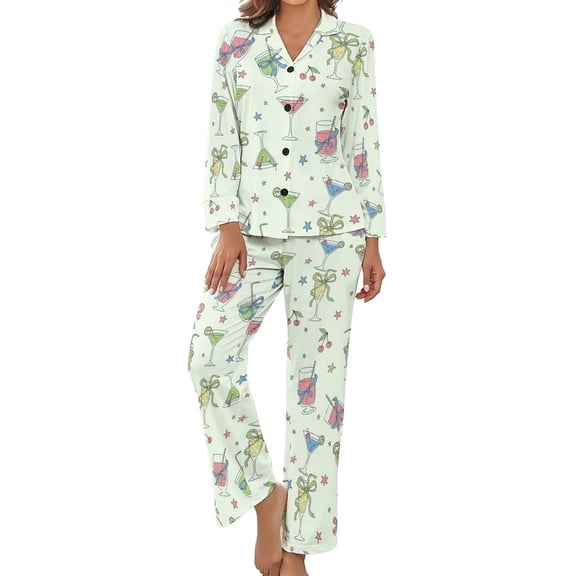 Top-kevin Women's Pajama Sets Martini Glasses Colorful Long Sleeve Lounge Sets Pjs Sleepwear with Pockets