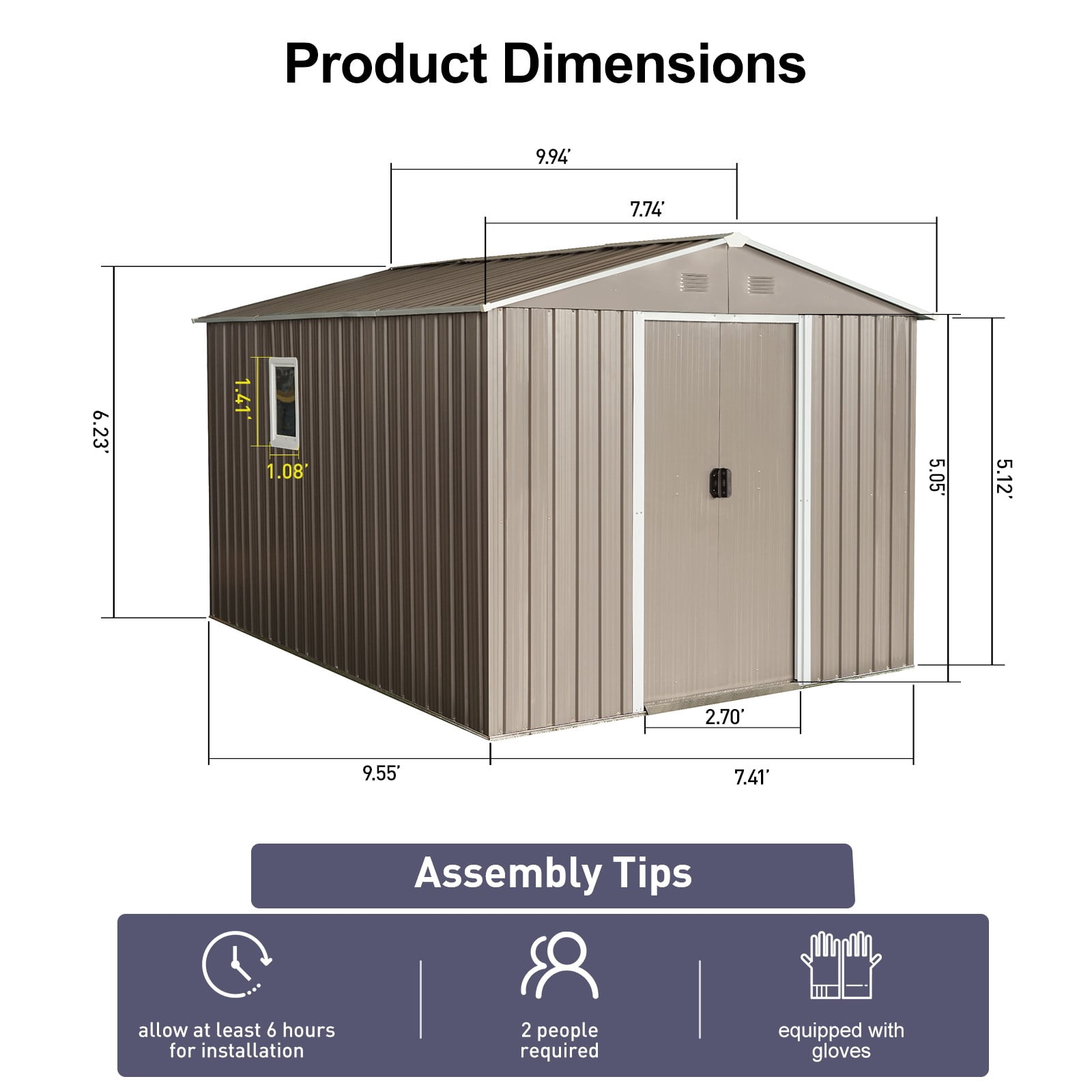 IMagacFun 8x10 Metal Outdoor Storage Shed with Floor Base and Window & Lockable Sliding Doors for Garden Backyard Patio Lawn Gray