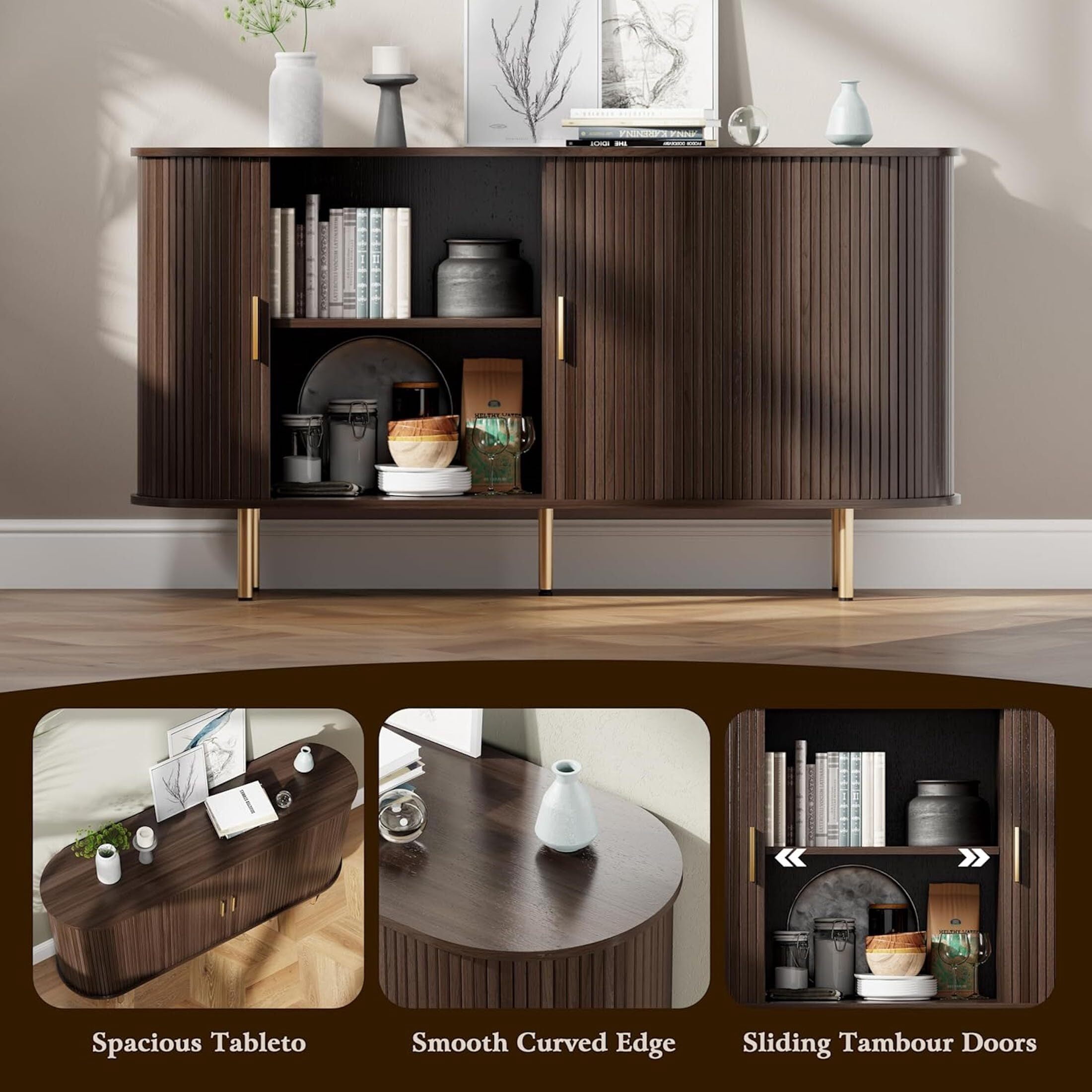 Aisword Sideboard Buffet Cabinet with Storage,Mid Century Modern Fluted Accent Coffee Bar Console Table,Tambour Sliding Doors& Adjustable Shelf for Kitchen, Living Room, Entryway, 55 Inch Dark Walnut