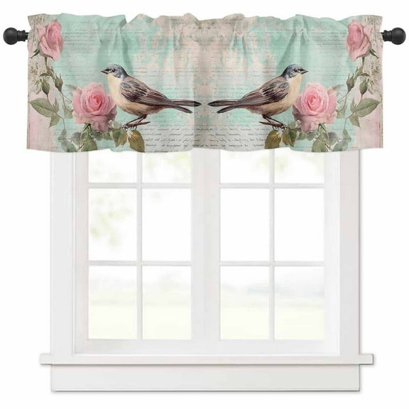 Hokiten Rod Pocket Curtain Valance, Pink Flower Farmhouse Window Valance for Living Room, Bedroom, Kitchen Spring Bird Branch Blue Vintage Mottled 42"W x 12"L