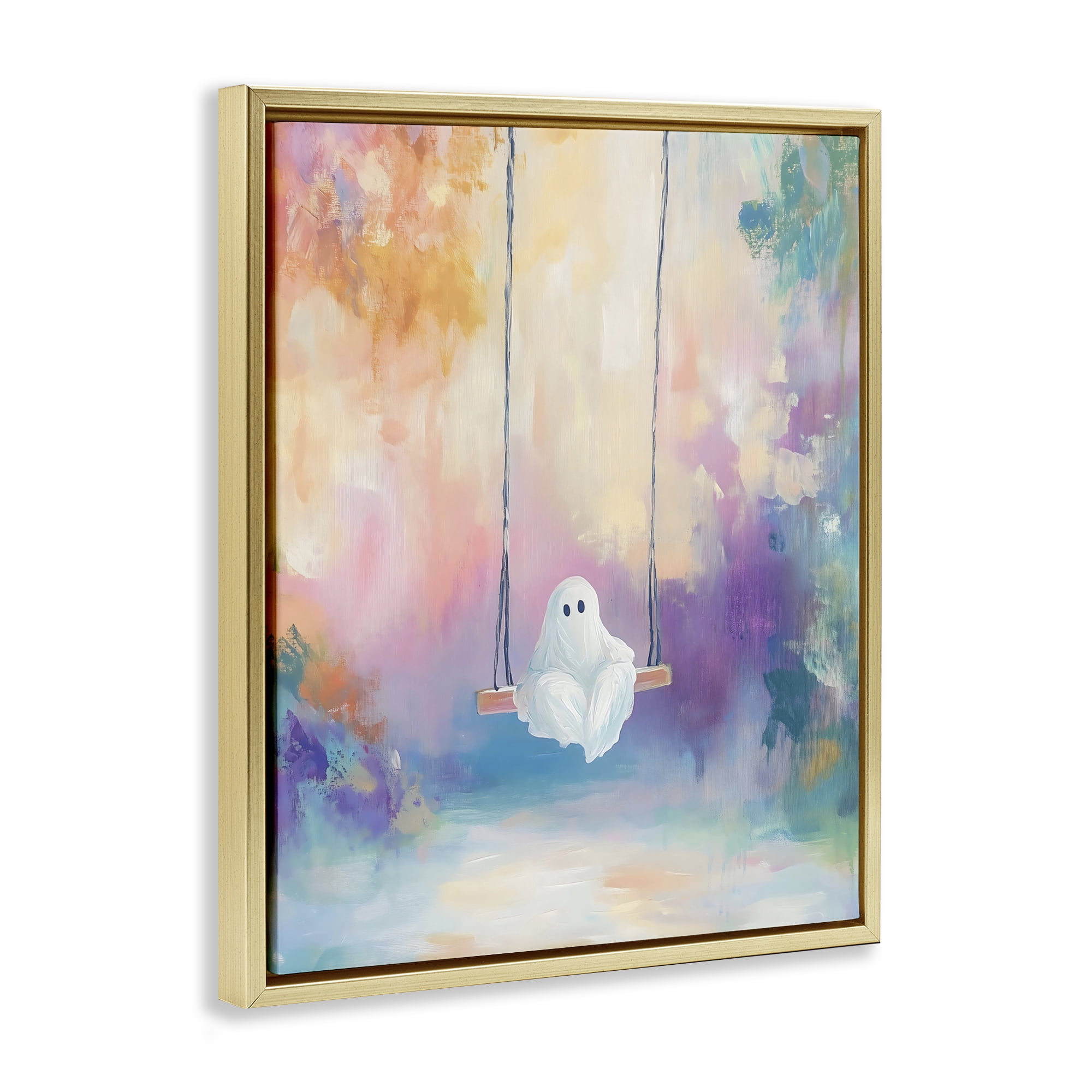Stupell Industries Watercolor Ghost on Swing Gold Framed Floater Canvas Wall Art, design by The Prints Vibe