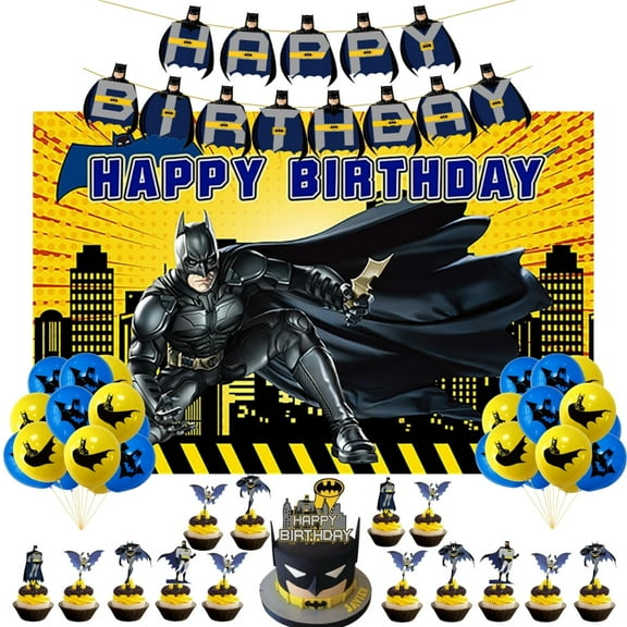 Batman Theme Cartoon style Birthday Decoration Kits，Party Supplies Including Banner, Balloons, Cake Toppers, Cupcake Toppers，Background Flag.