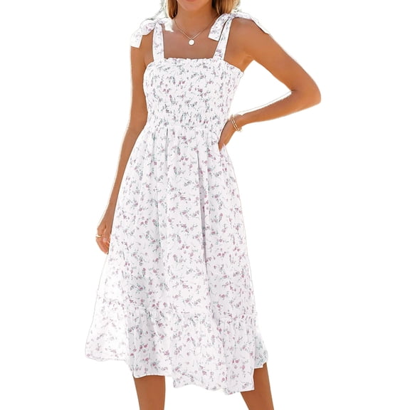 Women Summer Tie Strap Boho Floral Square Neck Ruffle Maxi Dress