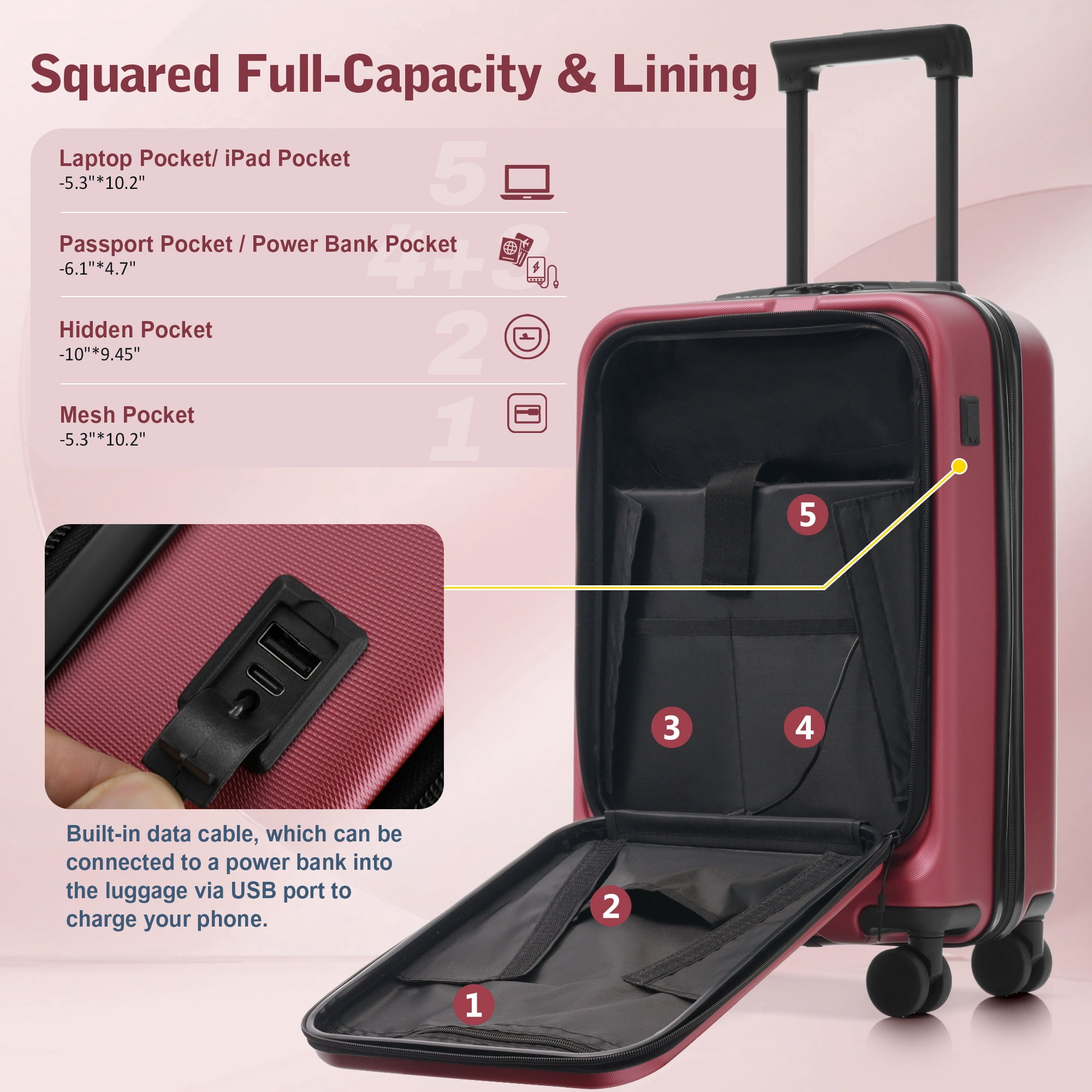 Euroco 5 Piece Front Opening Luggage Sets, Hardside Expandable Carry On Suitcase Set with USB Port,TSA Locks, Spinner Wheels and 2 Bags,Lightweight Travel Luggage for Men Women(20"/24"/28"),Red