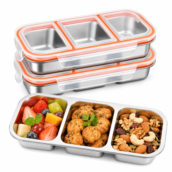 2 Pack Stainless Steel Snack Containers, 3 Compartment Leak Proof Bento Box, 7 oz Reusable Food Containers with Lids for Sauce, Snacks, Meal Prep, Office, Travel and on-the-Go Meals