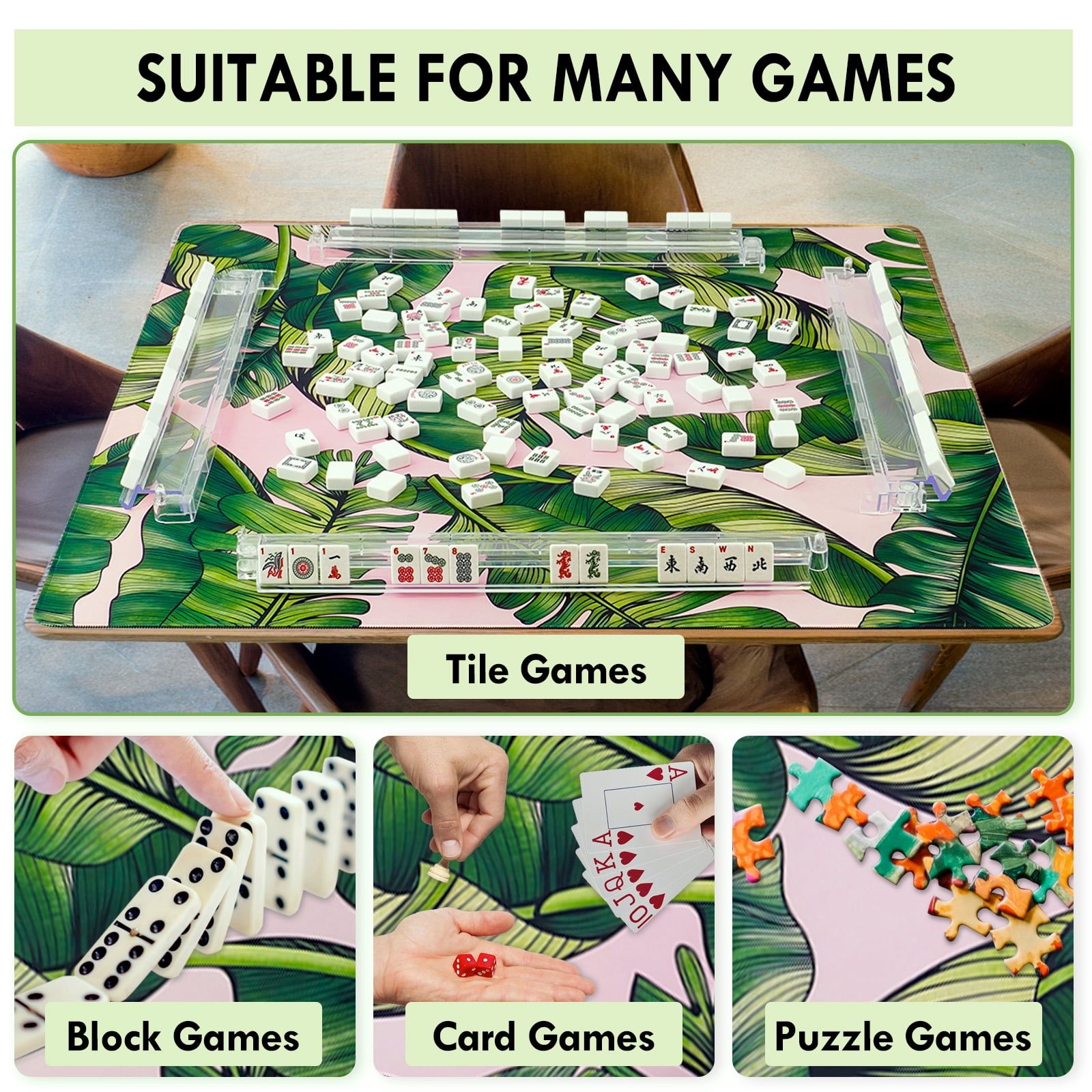Tropical Leaf Pattern Game Mat – Anti-Slip Noise Reducing Pad for Mahjong, Cards, Poker | Portable with Velvet Carry Bag
