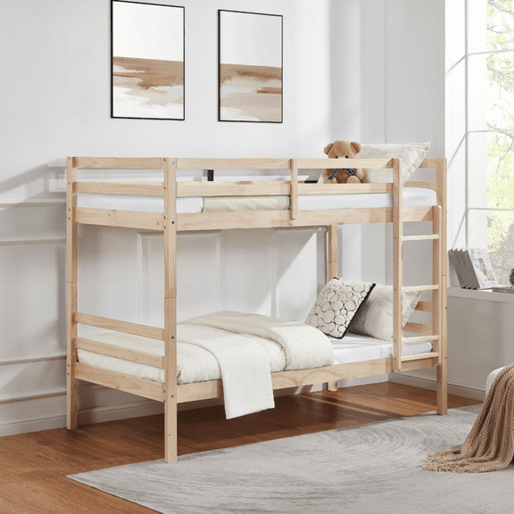 MAYEERTY Twin over Twin Bunk Bed with Ladder, Wooden Bed Frame with High Guardrail and Ladder for Kids, No Box Spring Needed, White