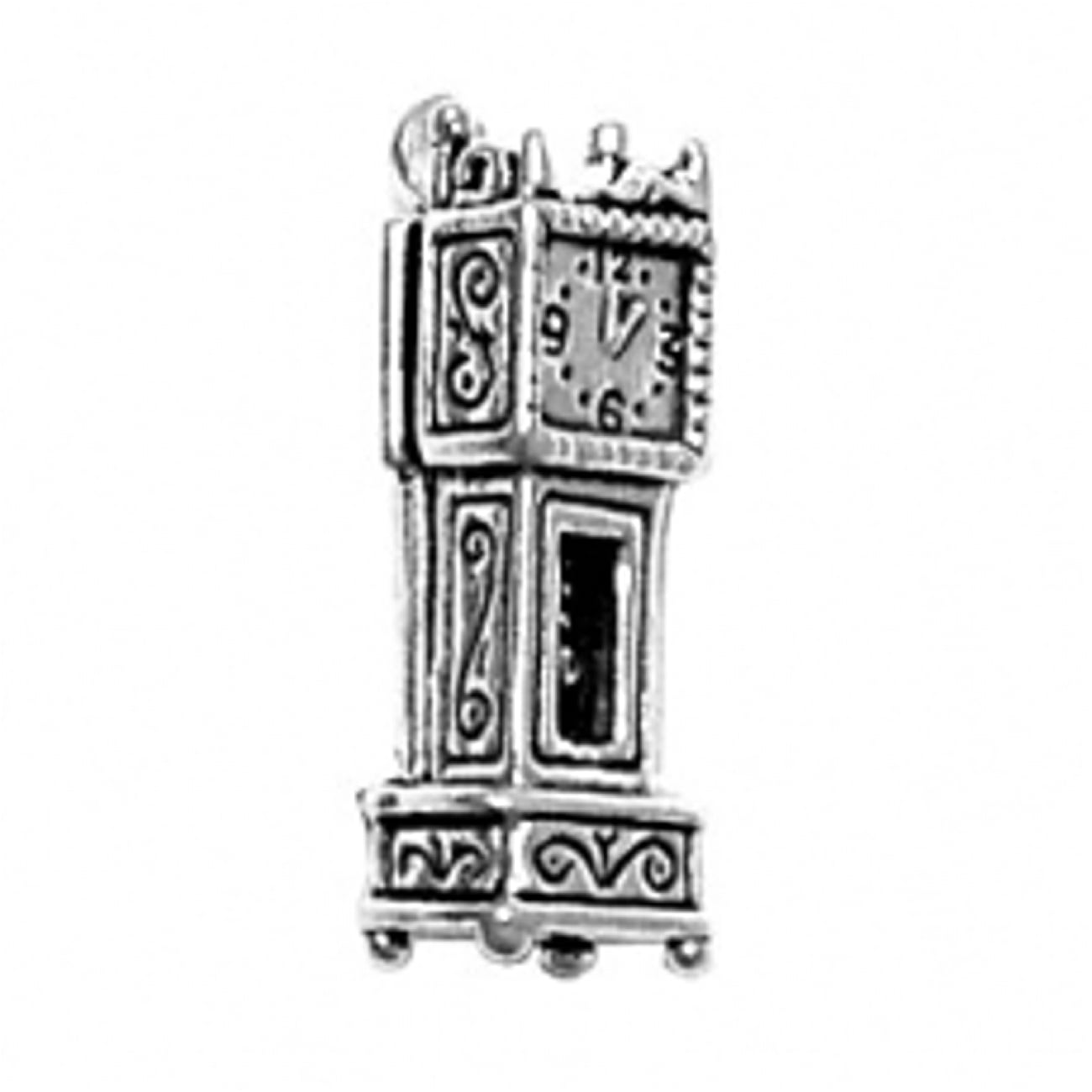 Sterling Silver 3D Ornately Decorated Moveable Grandfather Clock Charm 
