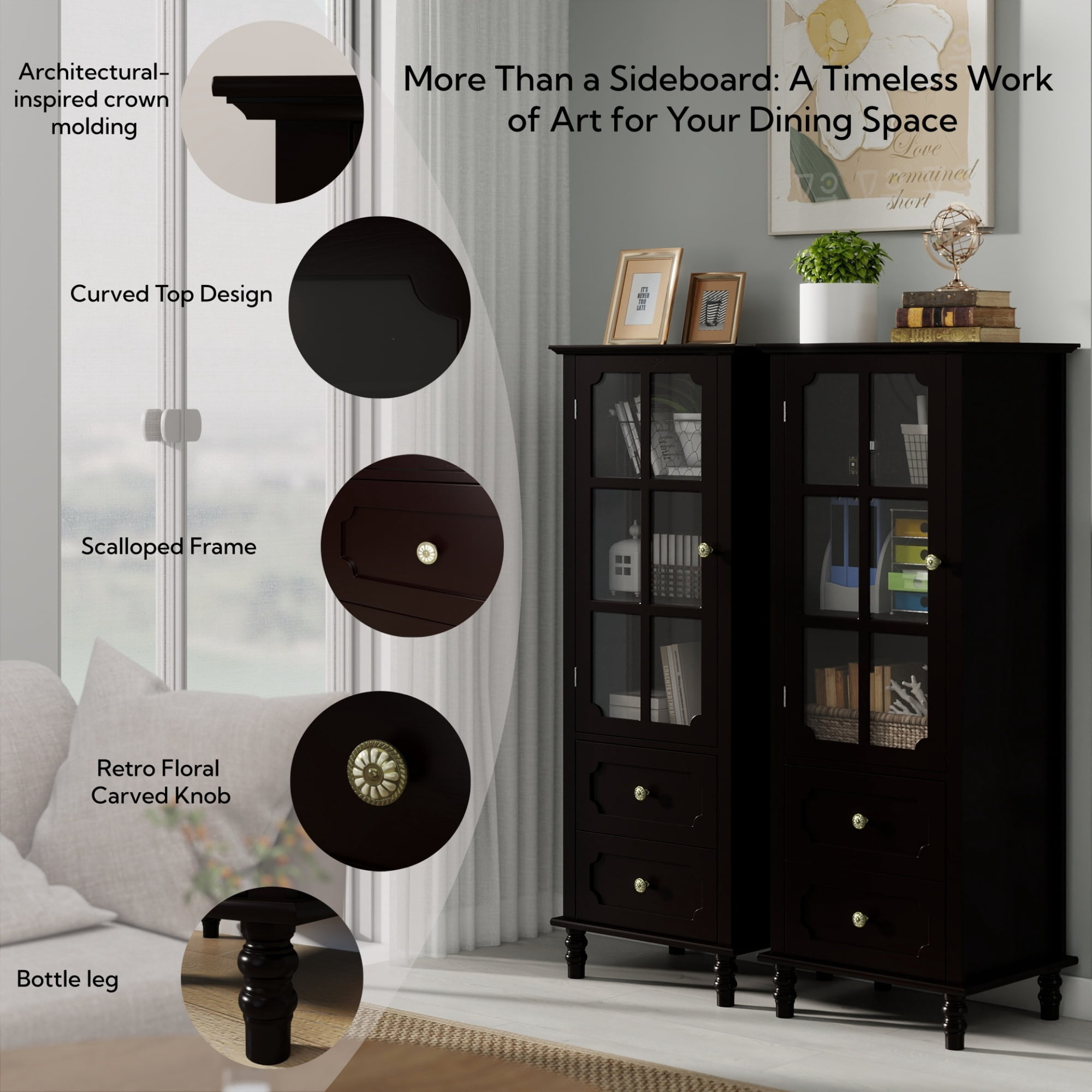 Leumius Minimalism Buffet Cabinet with Glass Doors and Double Drawer, Modern Wooden Storage Sideboard Cupboard for Living room Dining Room Hallway Entryway Black