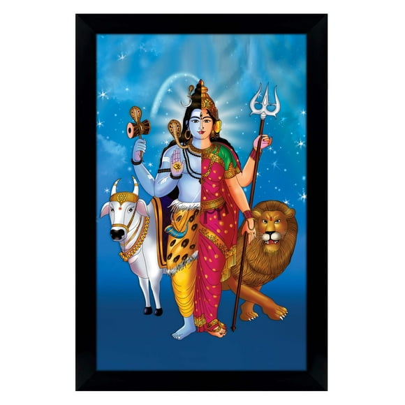 IBA Indianbeautifulart Lord Shiva And Goddess Parvati Ardhnarishwar Picture Frame Religious Poster Black Wall Frame Deity Photo Frame Wall Decor For Home/ Office/ Temple-6 x 8 Inches