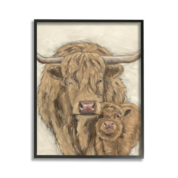Stupell Industries Highland Cattle & Calf Animals & Insects Painting Black Framed Art Print Wall Art, 11 x 14