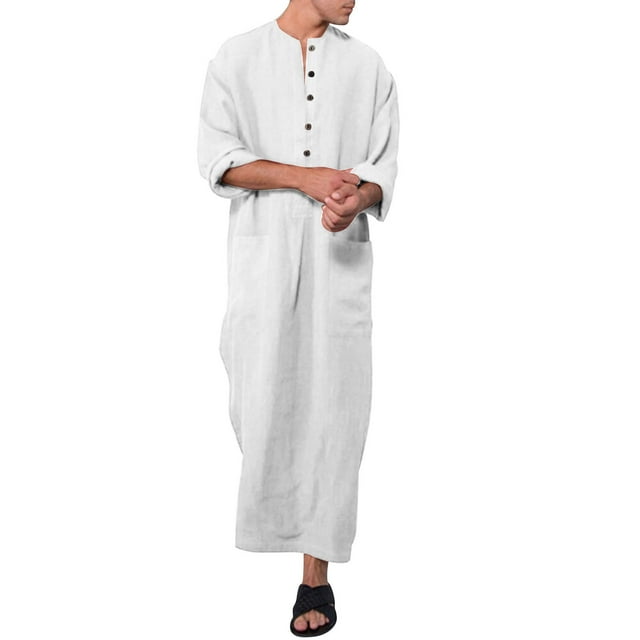 Robe Décontractée à Manches Longues pour Hommes Musulmans Arabes - Mélange de Coton, Couleur Unie Coupe Ample Robe Musulmane