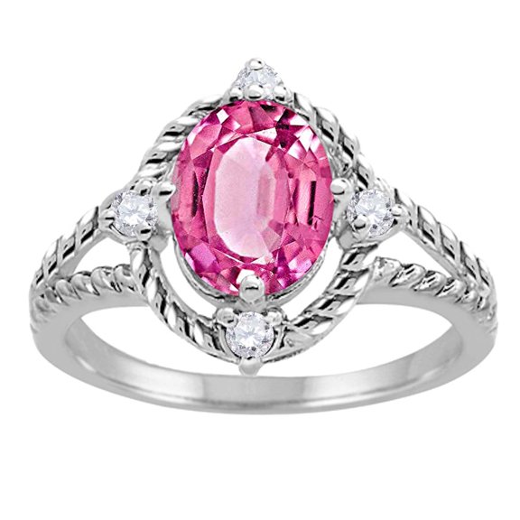 Parijat Jewels Rings for Women 1.87 Carat Pink Topaz and Diamond Ring 4-Prong 10K White Gold