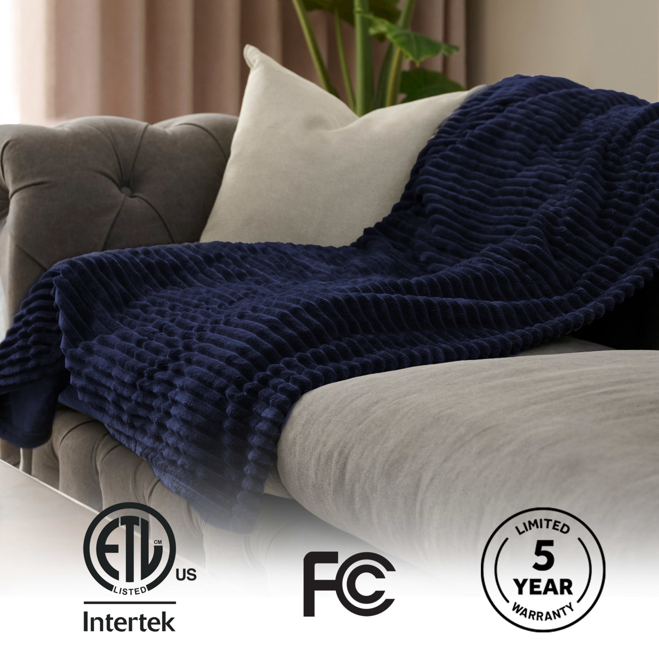 Sunbeam Heated Throw Blanket Textured Velvet Maritime Blue 3 Heat Settings 50"x60"