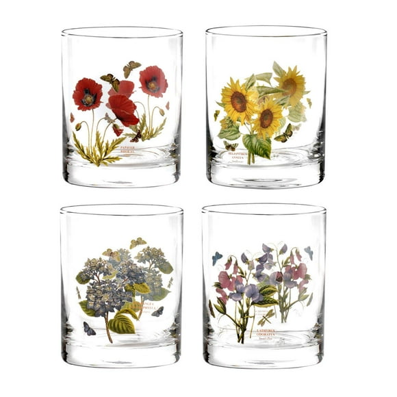 Portmeirion - Botanic Garden Collection - Set of 4 Double Old Fashioned Glasses (Assorted Motifs) - Hand Wash Only