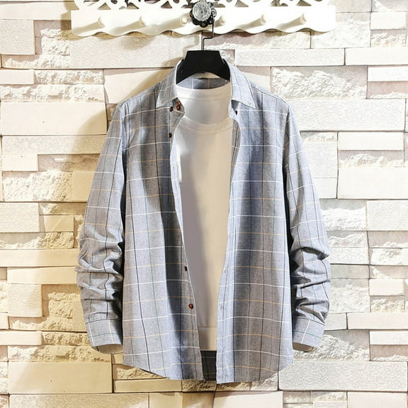 gbyLJF Men's Checked Lapel Shirt Lightweight Casual Long Sleeved Top Regular Fit Breathable and Comfy Blouse