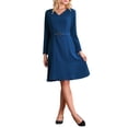 thumbnail image 2 of INSPIRE CHIC Vestido de Mujer con Falda Acampanada, Cuello en V, Manga Larga, Elegante, con Cinturón, para Trabajo, Talla L, Azul Oscuro, 2 of 5