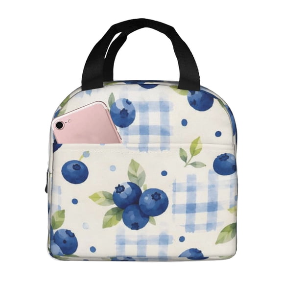 Blueberry Plaid Lunch Bag Reusable Thermal Lunch Box with Handle for Women and Men