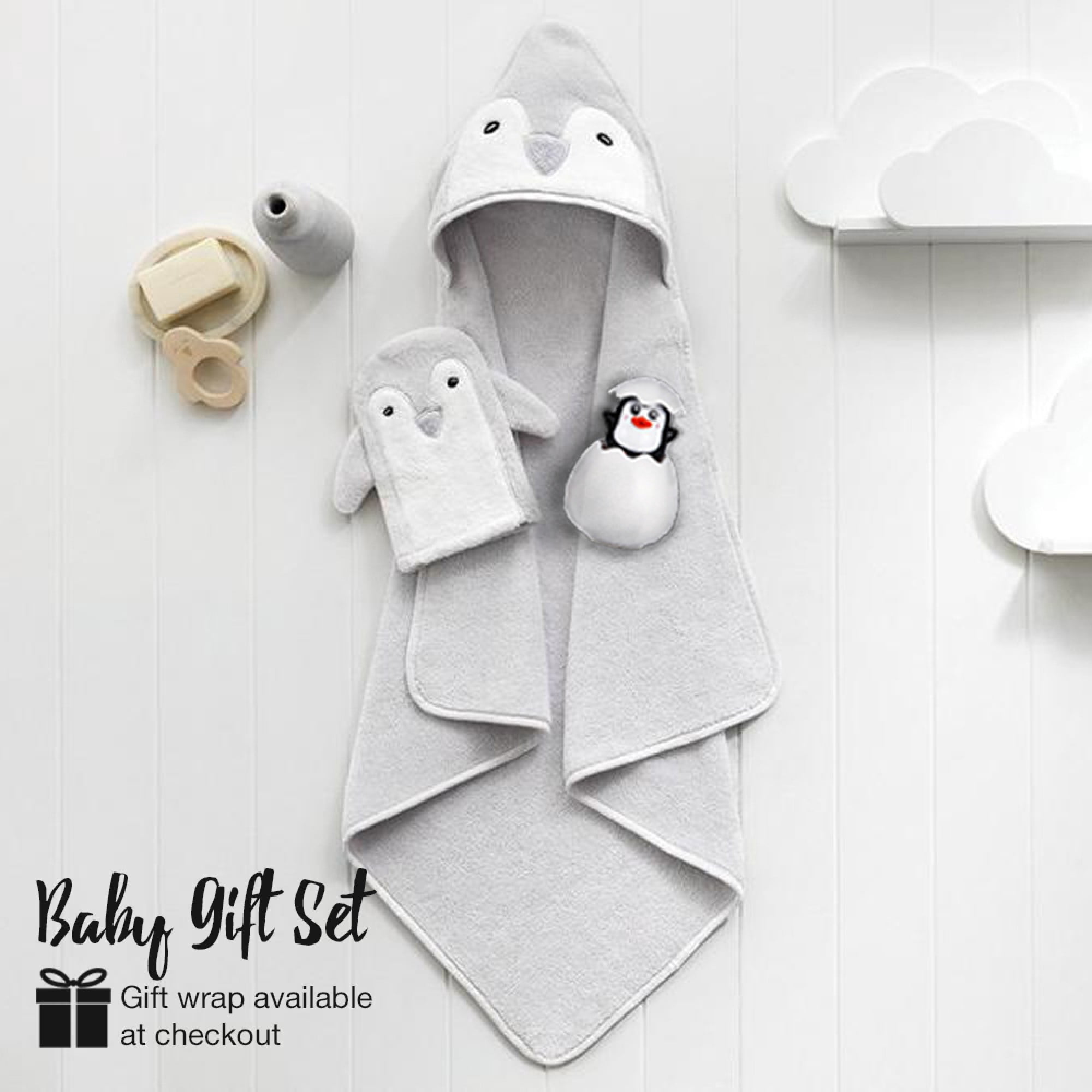 Happy & Sweet Personalized Hooded Baby Towel Organic Bamboo Baby Shower Gift Boy Girl Penguin Toy