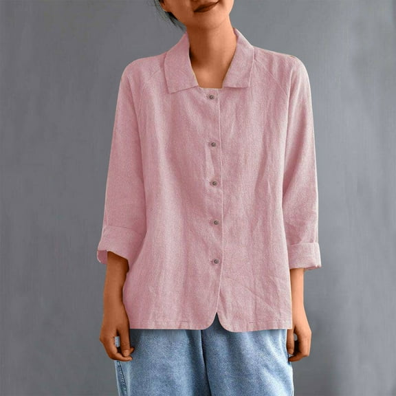 LYEAA Women Loose Fit 3/4 Sleeve Round Neck Linen Cotton Blouse Casual Summer Tops Breathable Shirt for Office Wear Daily Outfits Pink L